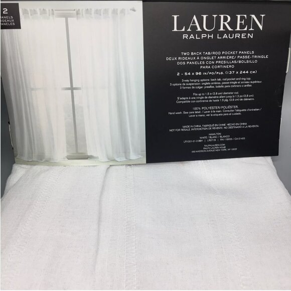 Ralph Lauren Hamilton 2 Window Curtain Panels 54 x 96 White Sheer Hemstitch NEW